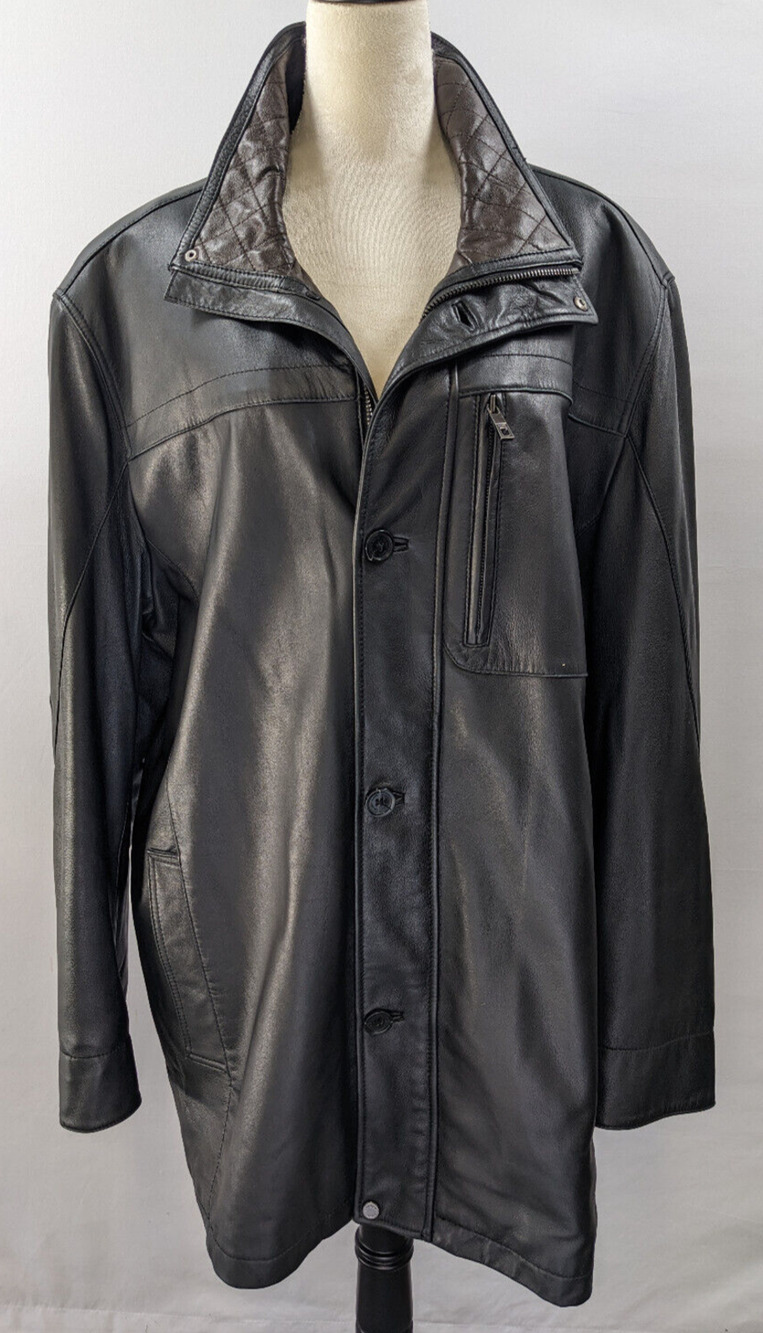 Andrew Marc Leather Coat Black Size XL Jacket Brown Contrasting Collar Pockets